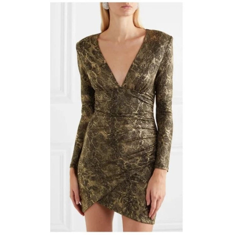 Alice + Olivia Diaz Plunge V Mini Dress Sz 4 Bodycon Black Gold Snake Prnt Party